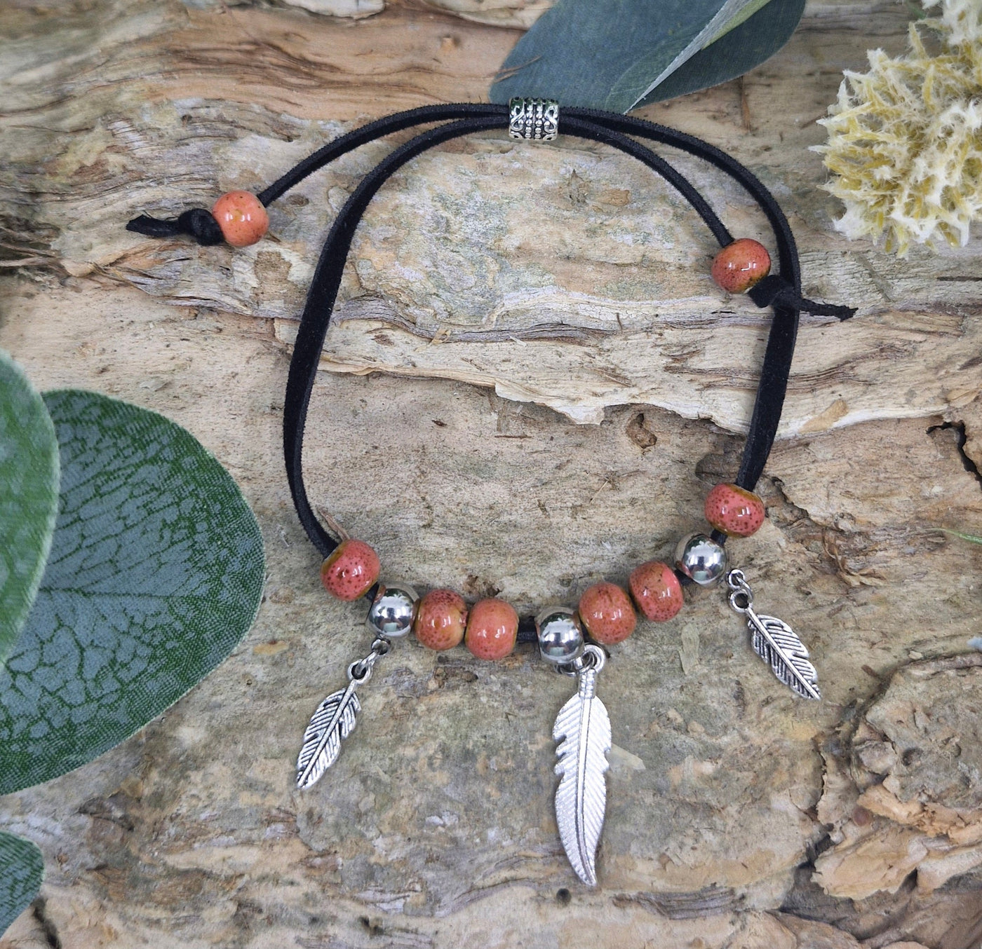 Beaded Feather Charm Bracelet - Pink Sunbaked Lizard Jewellery & Gifts