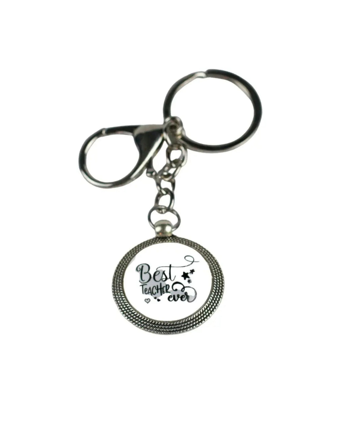 “Best Teacher Ever glass cabochon keyring in rhodium tray with metal clasp”