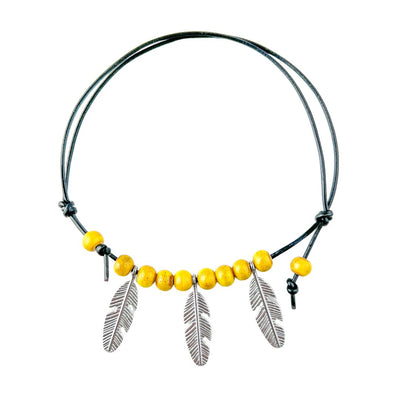 Black Leather Beaded Feather Charm Anklet- 2 Colours
