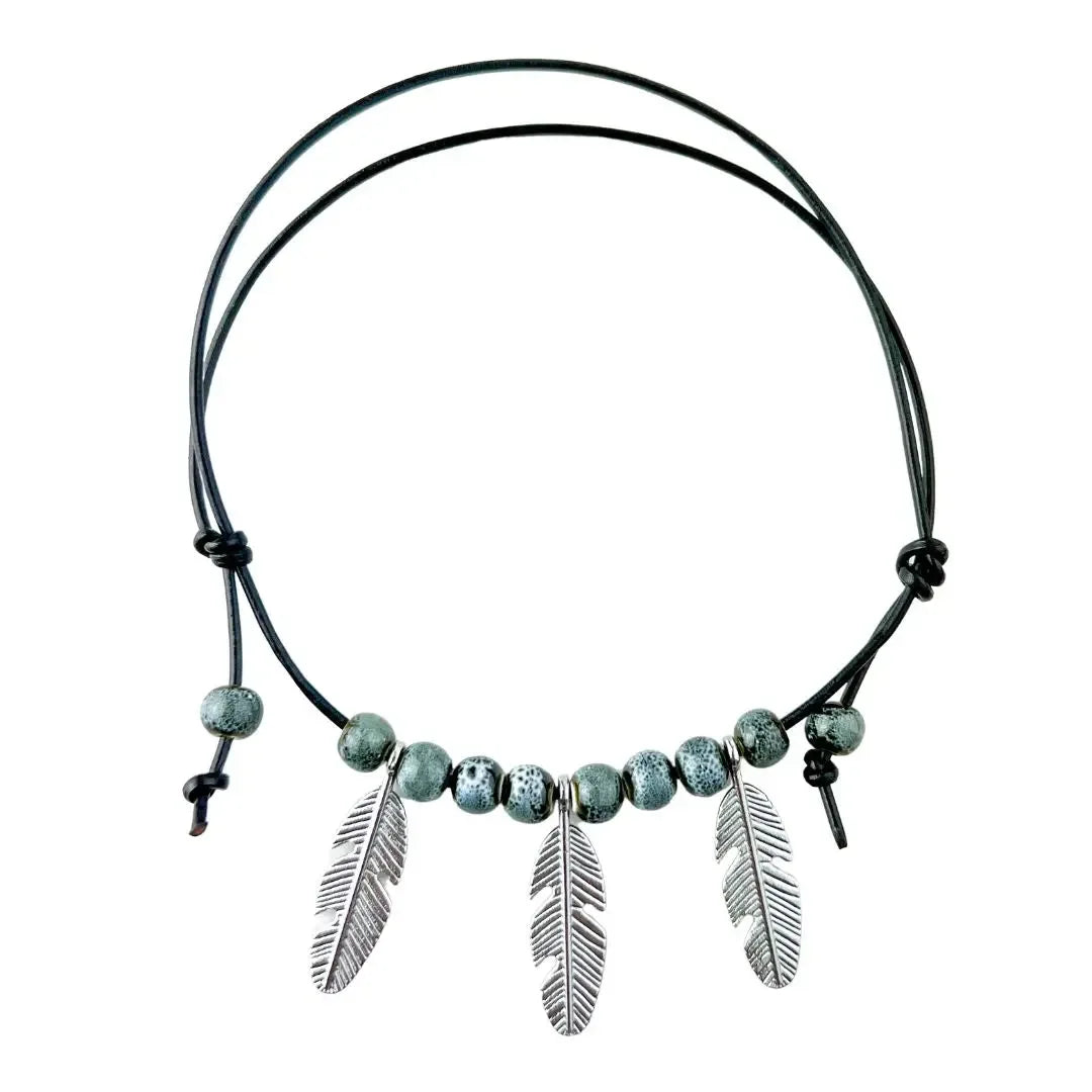 Black Leather Beaded Feather Charm Anklet- 2 Colours Sunbaked Lizard Jewellery & Gifts