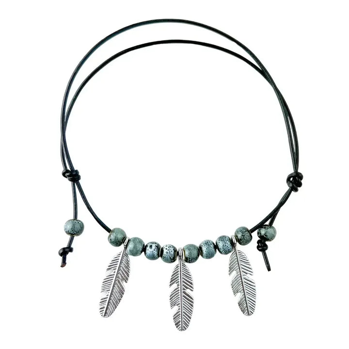 Black Leather Beaded Feather Charm Anklet- 2 Colours Sunbaked Lizard Jewellery &amp; Gifts