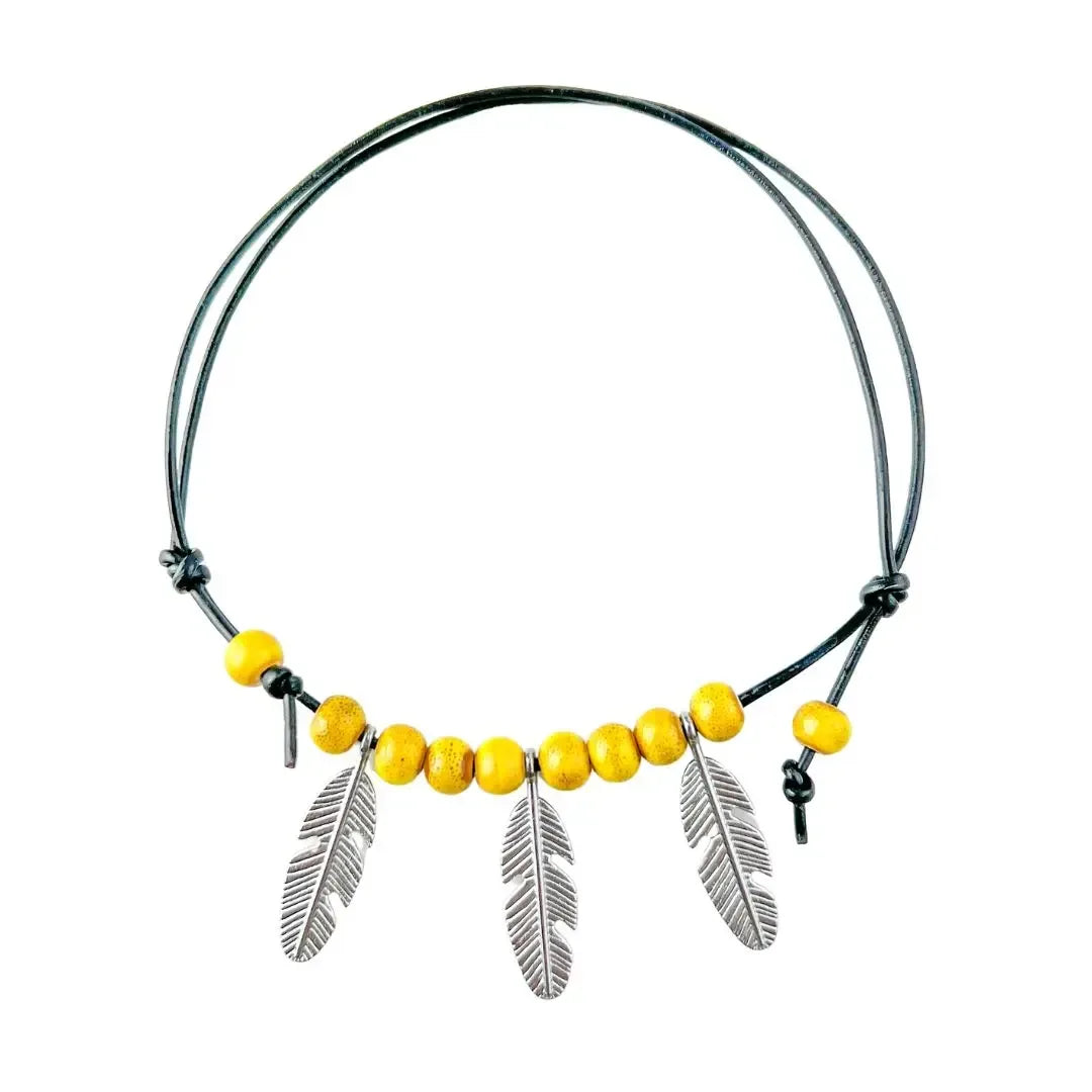 Black Leather Beaded Feather Charm Anklet- 2 Colours Sunbaked Lizard Jewellery &amp; Gifts