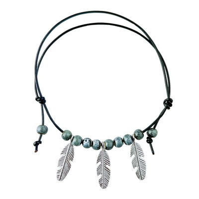 Black Leather Beaded Feather Charm Anklet- 2 Colours
