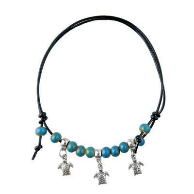 Black Leather, Beaded, Turtle Charm Anklet
