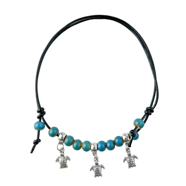 Black Leather, Beaded, Turtle Charm Anklet Sunbaked Lizard Jewellery &amp; Gifts