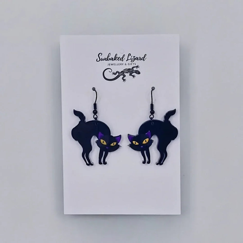 Black Cat Dangle Earrings – Spooky Cute Halloween Jewellery Sunbaked Lizard Jewellery & Gifts