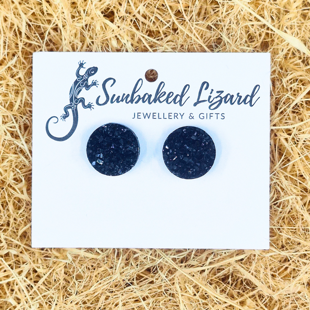 Black glitter stud earrings - elegant 12mm sparkly studs perfect for day-to-night wear by Sunbaked Lizard.