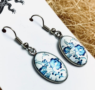 Blue and White Floral Oval Drops