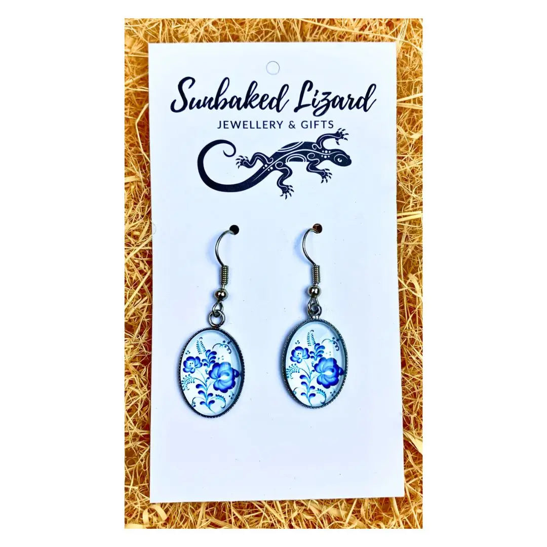 Blue and White Floral Oval Drops Sunbaked Lizard Jewellery & Gifts