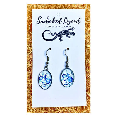 Blue and White Floral Oval Drops Sunbaked Lizard Jewellery & Gifts