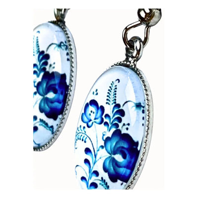 Blue and White Floral Oval Drops Sunbaked Lizard Jewellery & Gifts