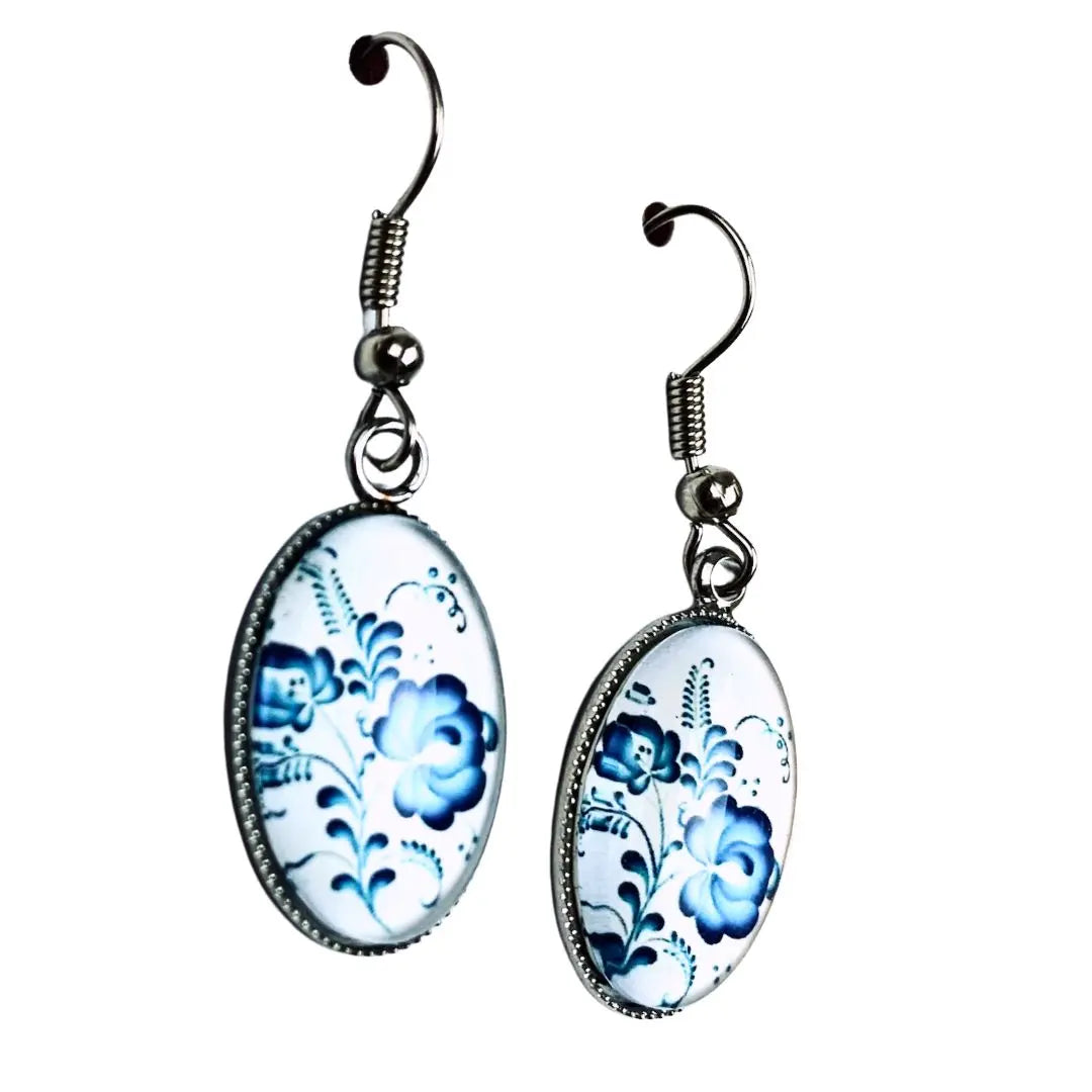 Blue and White Floral Oval Drops Sunbaked Lizard Jewellery & Gifts
