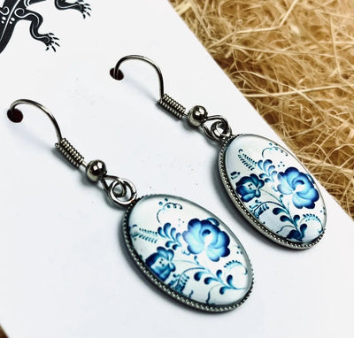Blue and White Floral Oval Drops Sunbaked Lizard Jewellery & Gifts