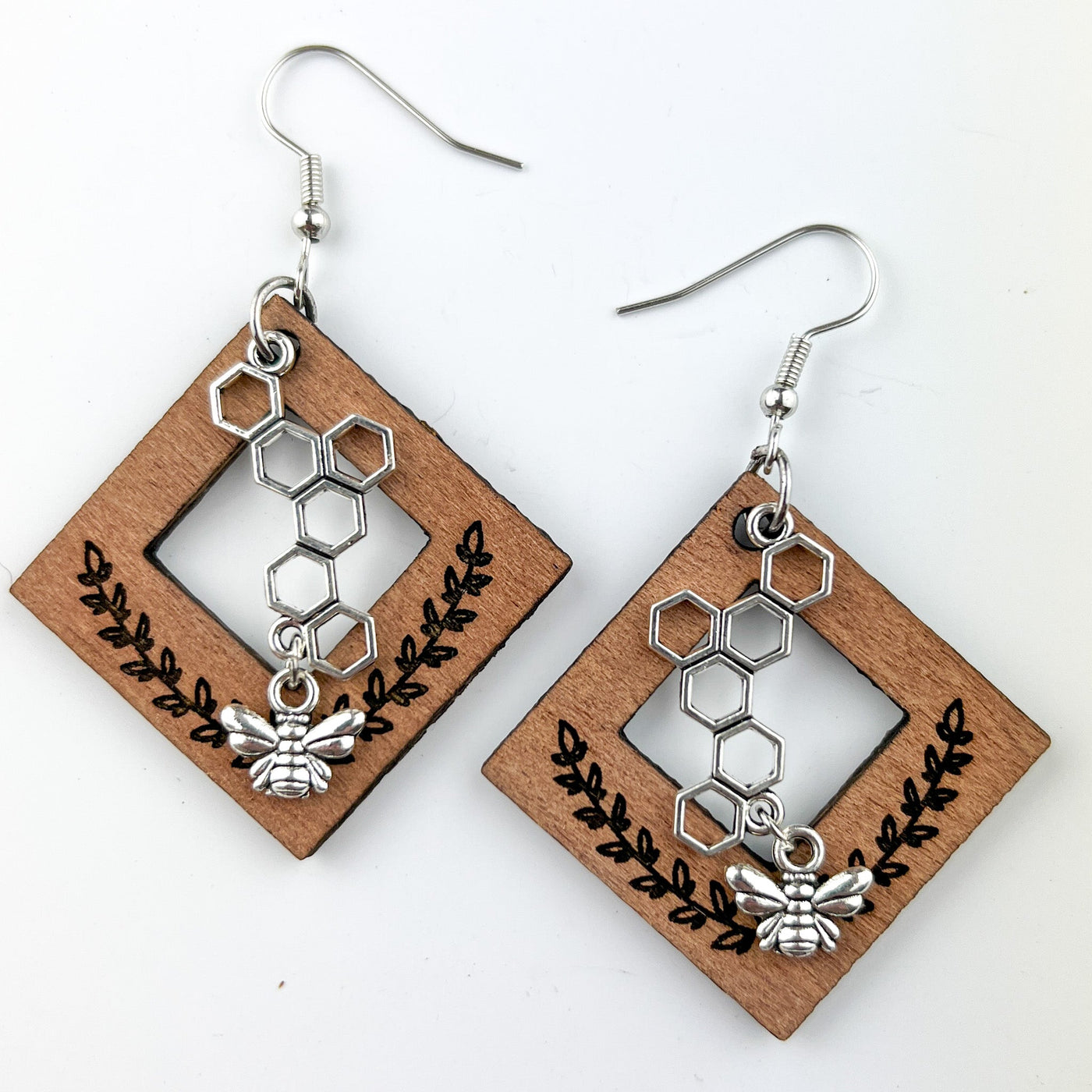 Bumble Bee and Floral Hive Timber Drop Earrings