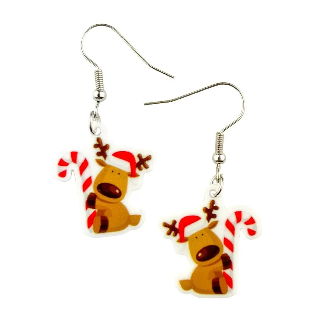 Candy Cane Reindeer Christmas Earrings - fun novelty drop earrings featuring reindeer holding candy cane by Sunbaked Lizard.