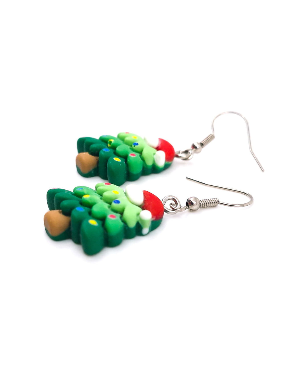 Close up of Christmas Tree with a Santa Hat Drop Earrings showing detail