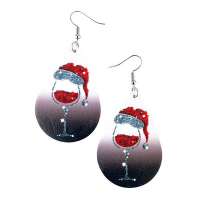 Christmas Wine Glass Leather Drop Earrings - 2 Colours