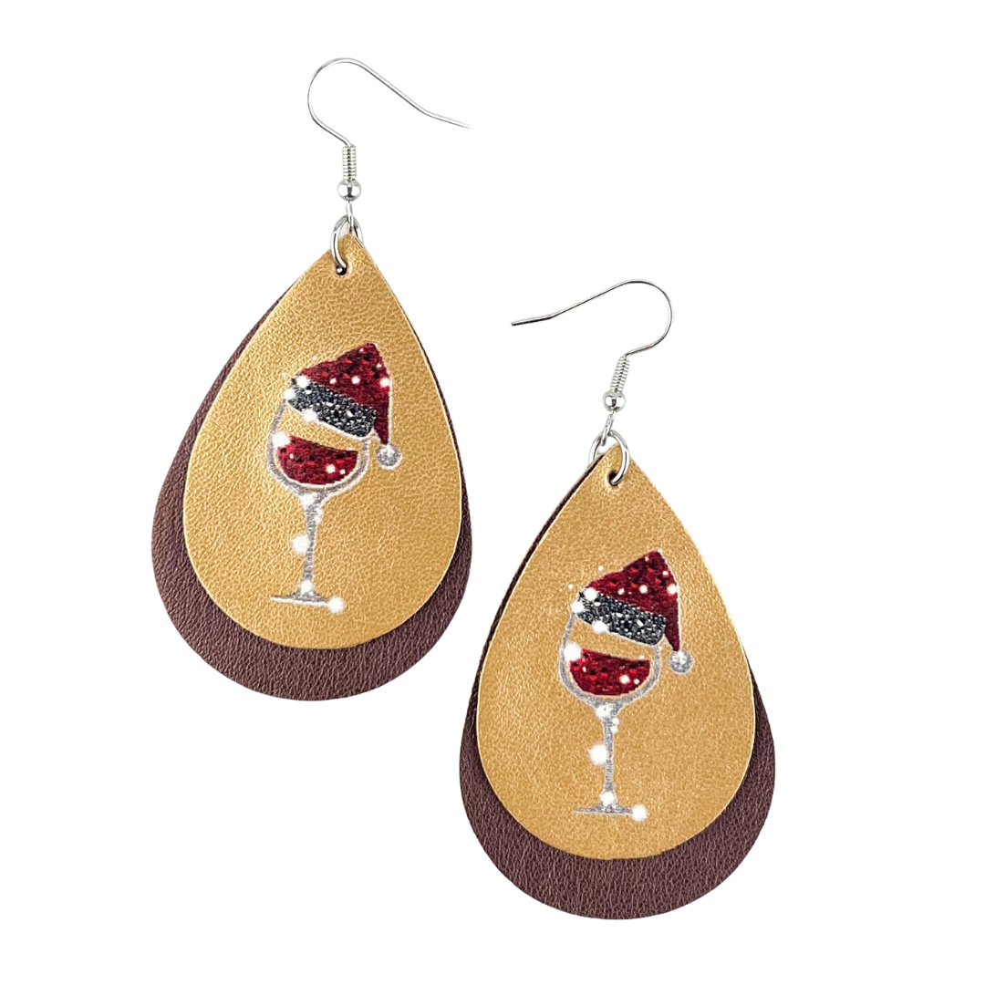 Christmas Wine Glass Leather Drop Earrings - 2 Colours