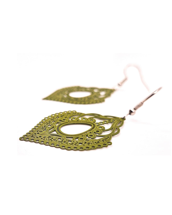 Green Fancy Filigree Drop Earrings on a white background