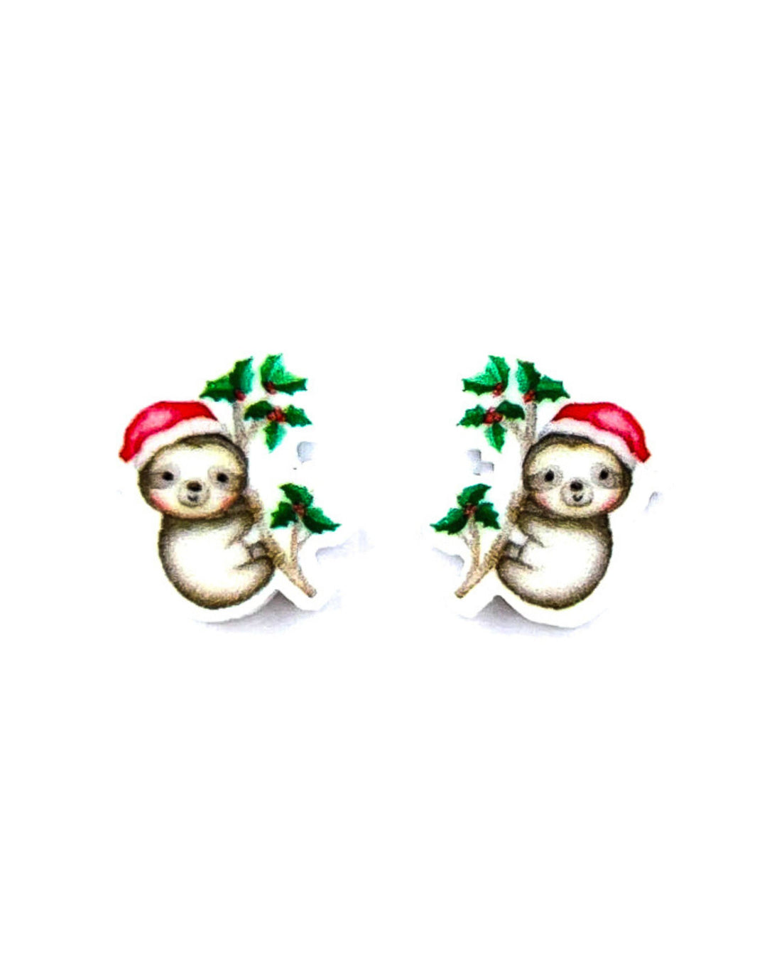 Christmas Sloth Earrings - fun novelty festive sloth stud earrings with Santa hats and holly by Sunbaked Lizard.