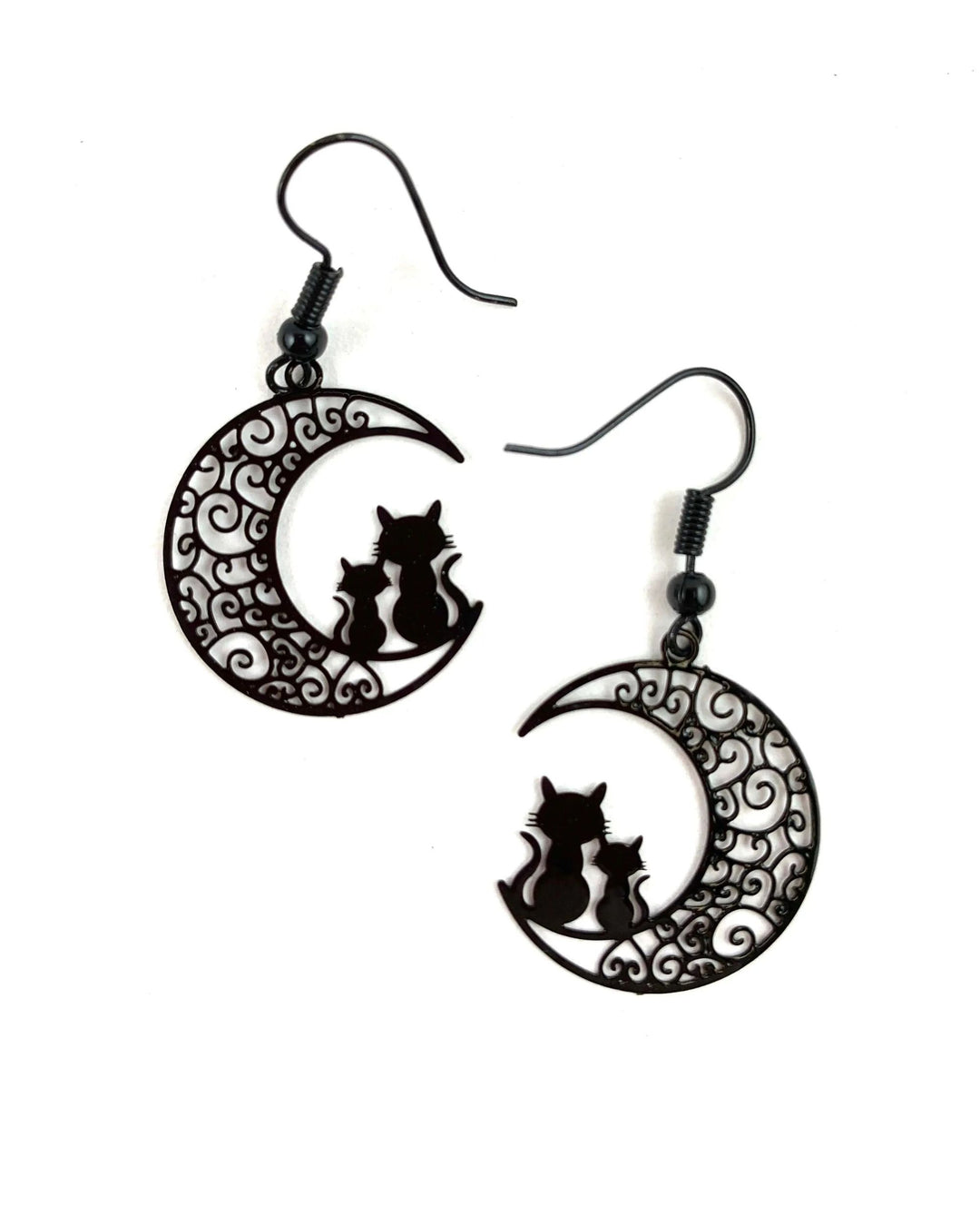 Filigree Cats on the Moon Drops - Black Sunbaked Lizard Jewellery & Gifts