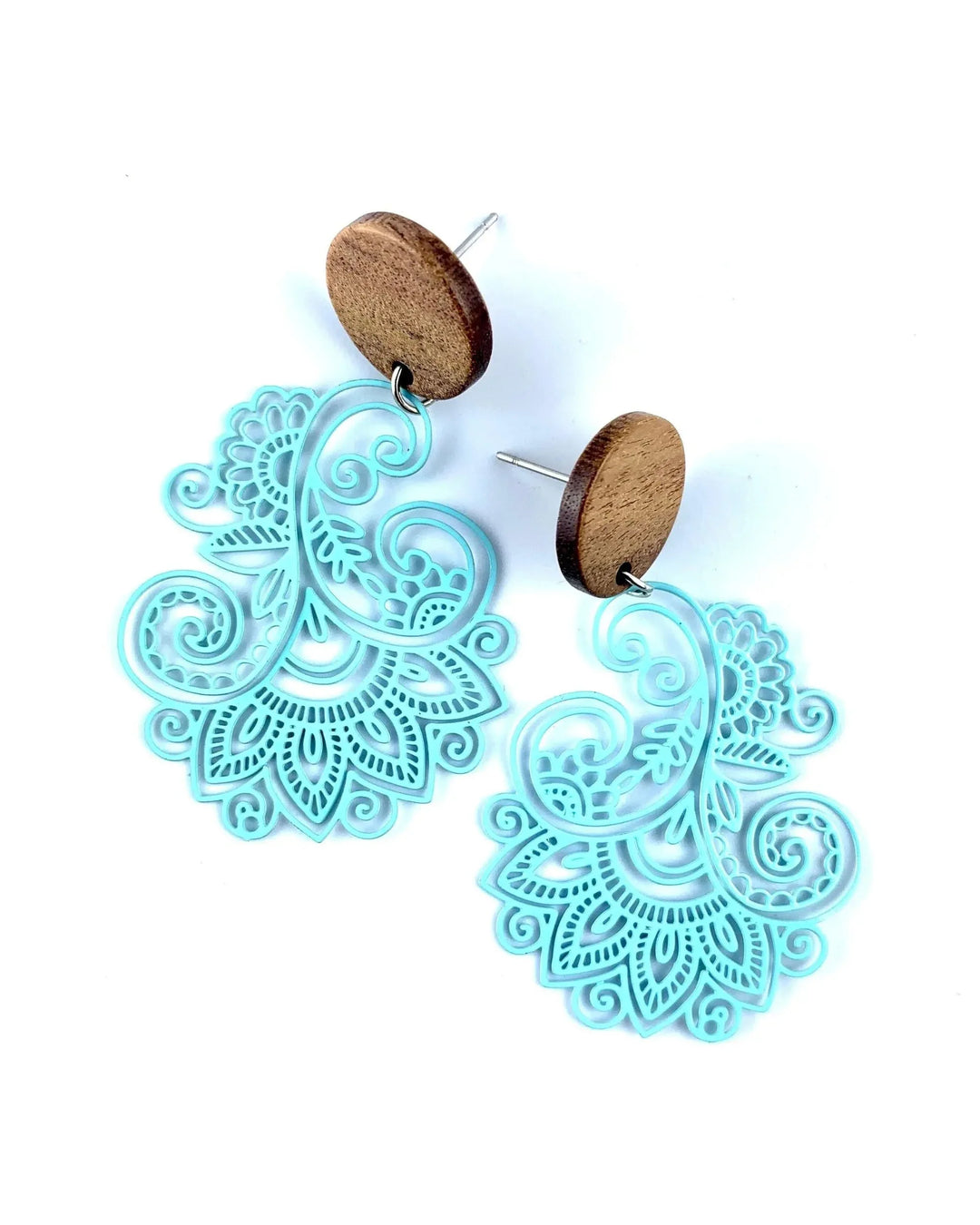 Aqua blue intricate filigree drop earrings with wooden stud tops and lace style cut out design.