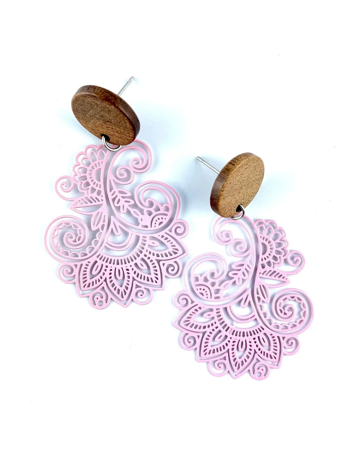 ale pink filigree drop earrings with wooden stud tops and delicate open lace pattern.