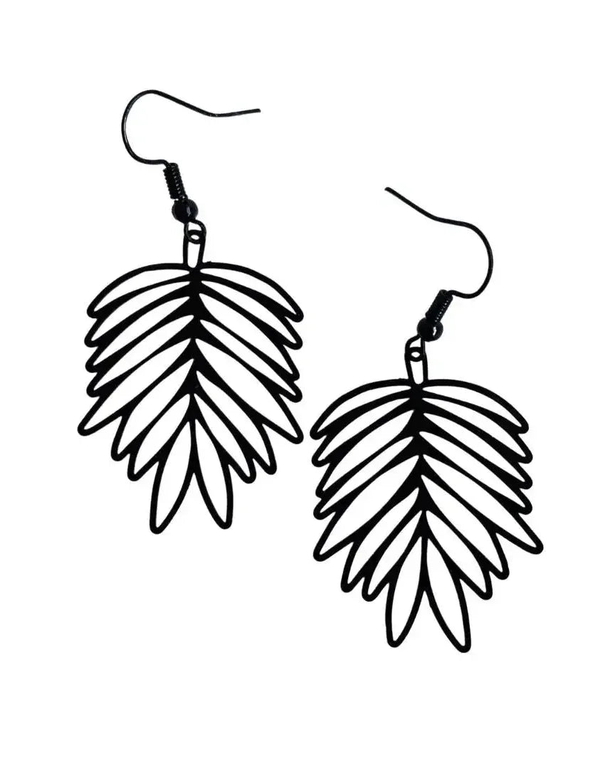 Black filigree leaf drop earrings with open leaf design and dark hooks on white background