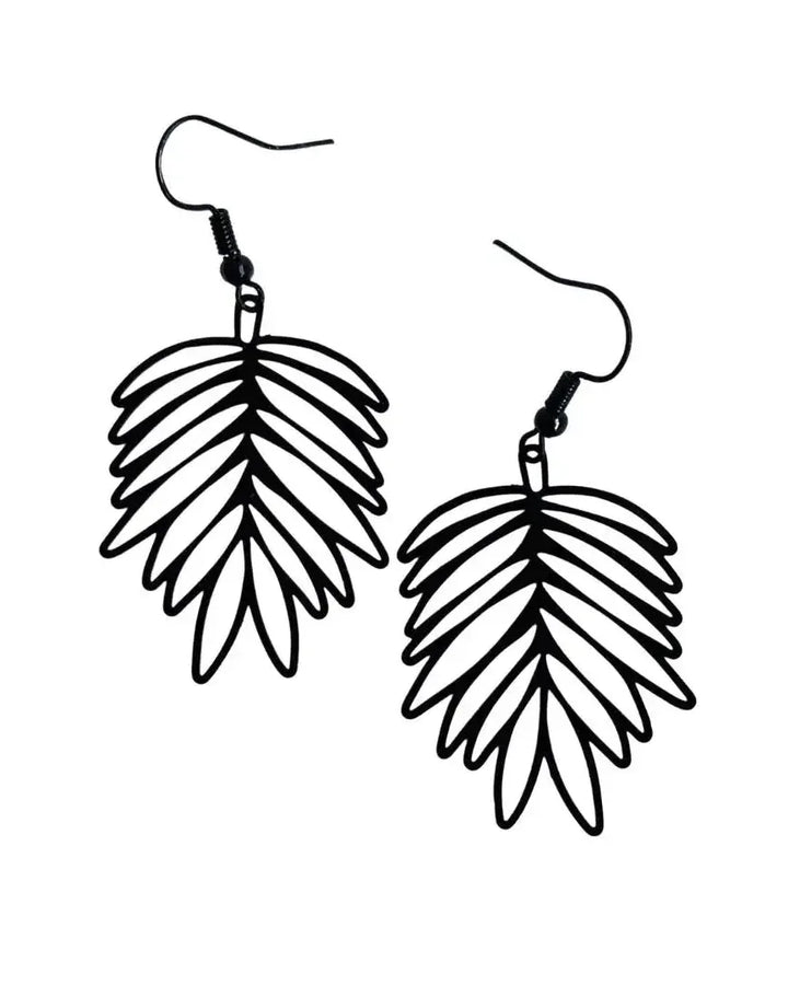 Black filigree leaf drop earrings with open leaf design and dark hooks on white background