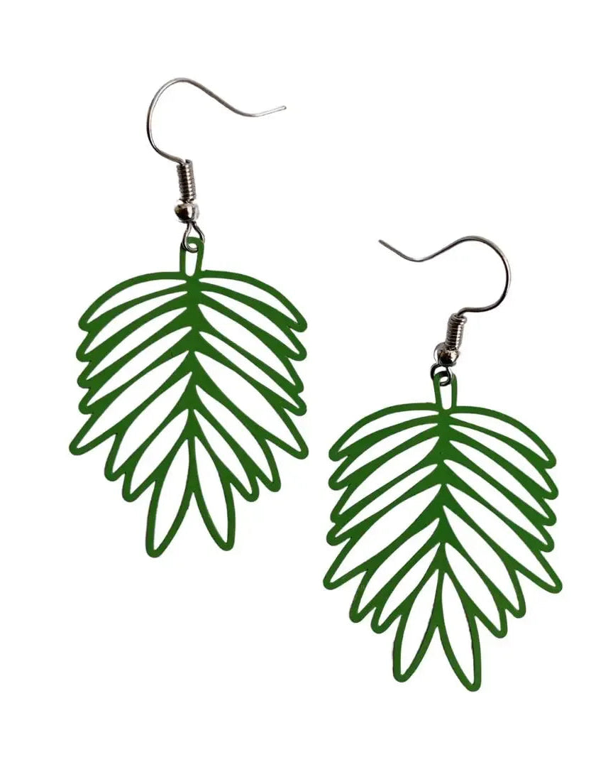 Green filigree leaf drop earrings with open leaf design and silver hooks on white background