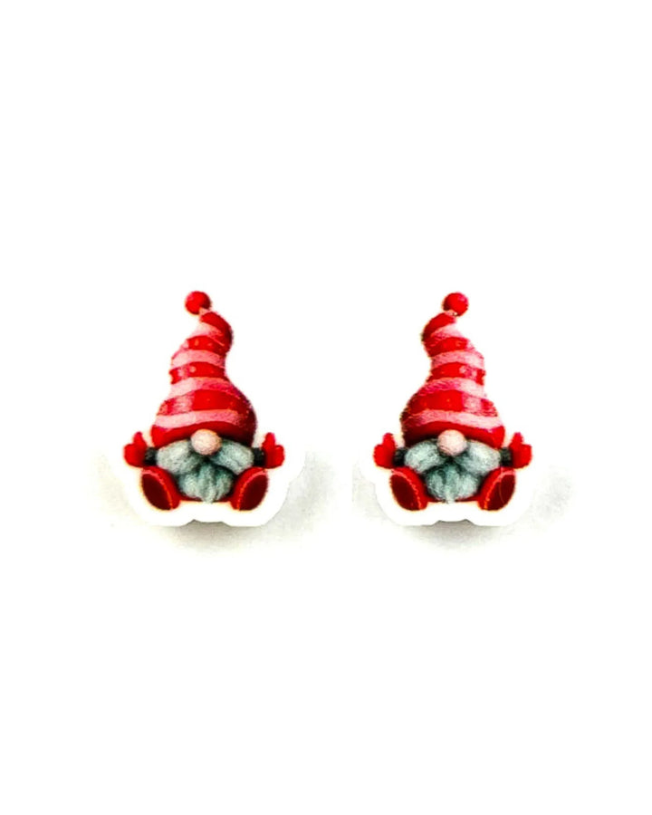 Christmas Gnome Earrings - fun novelty gnome stud earrings with Santa hats giving a thumbs up by Sunbaked Lizard.
