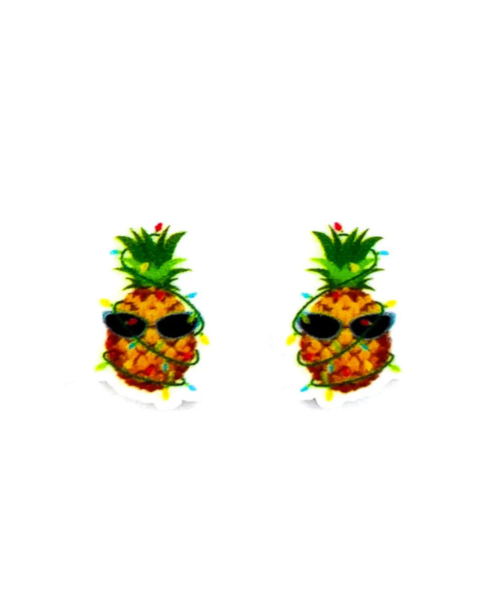 Groovy festive pineapple stud earrings with sunglasses on Sunbaked Lizard display card