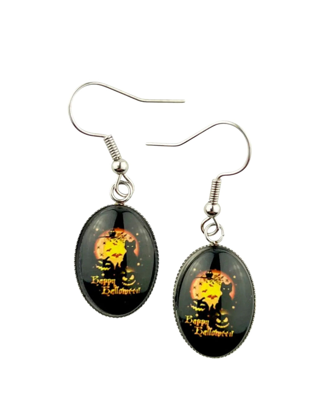 Glass oval Halloween earrings with black cat, yellow moon, bats and Happy Halloween text, silver hooks
