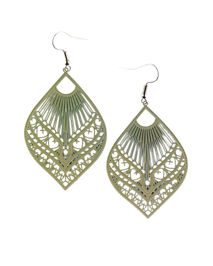 Intricate Filigree Fan Shaped Drop Earrings - 9 Colours Sunbaked Lizard Jewellery &amp; Gifts