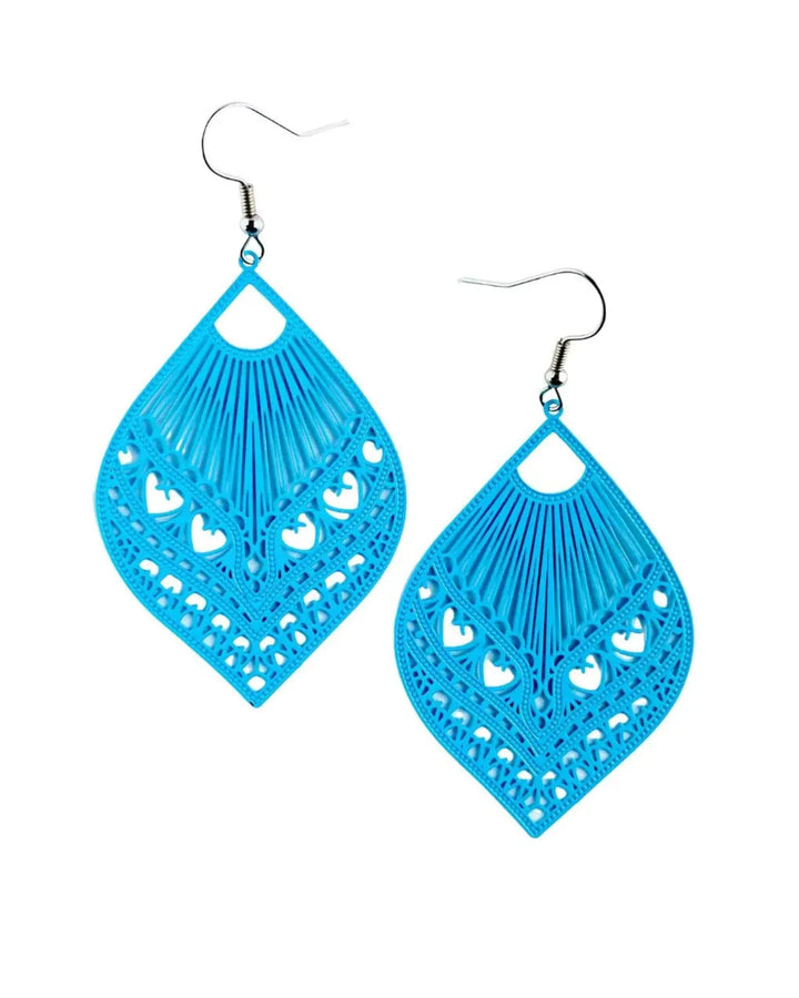 Intricate Filigree Fan Shaped Drop Earrings - Blue
