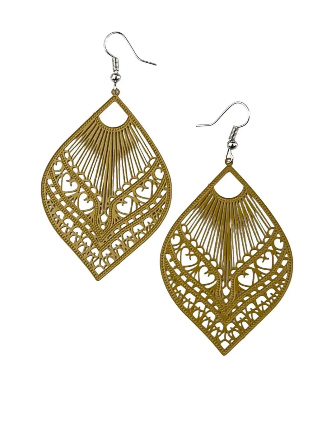 Intricate Filigree Fan Shaped Drop Earrings - 9 Colours Sunbaked Lizard Jewellery &amp; Gifts