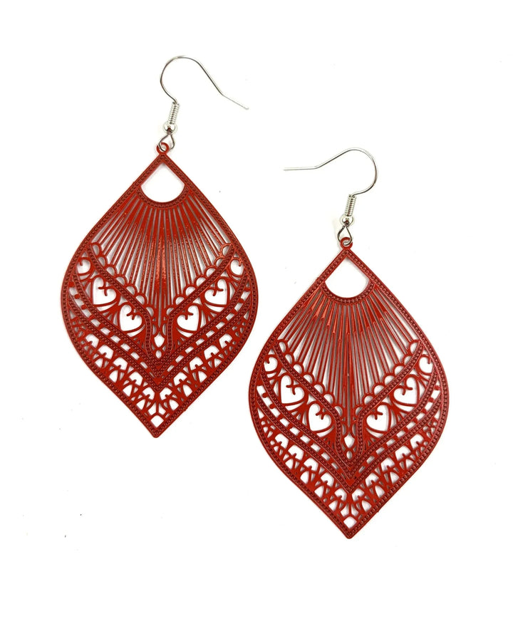 Intricate Filigree Fan Shaped Drop Earrings - 9 Colours Sunbaked Lizard Jewellery &amp; Gifts