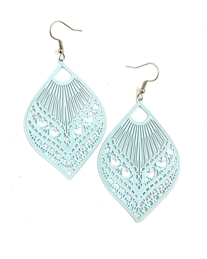 Intricate Filigree Fan Shaped Drop Earrings - 9 Colours Sunbaked Lizard Jewellery &amp; Gifts