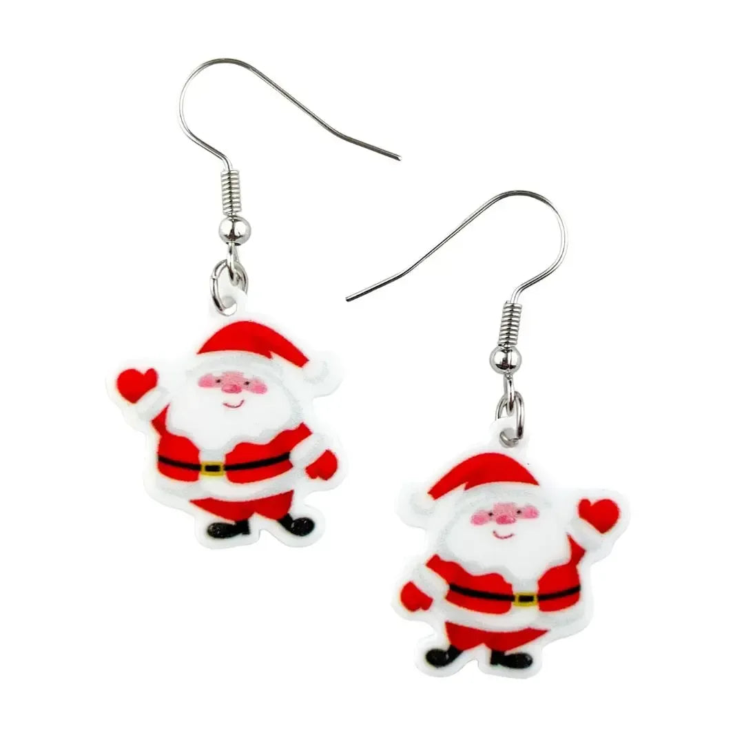 Jolly Santa Christmas Earrings - fun novelty Christmas drop earrings featuring Santa waving by Sunbaked Lizard.