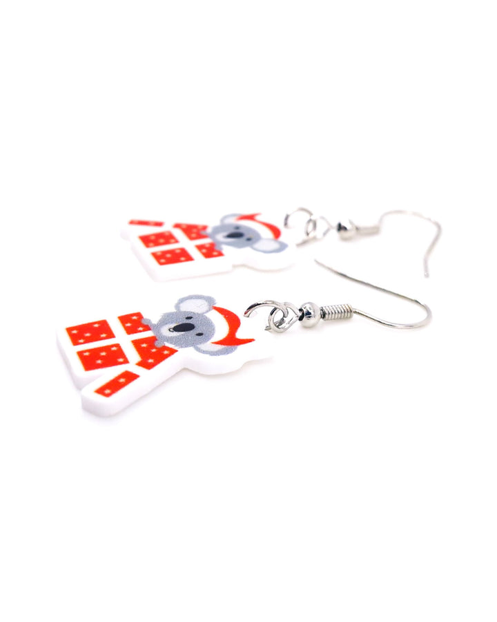 Close up of Koala Christmas Earrings showing detail