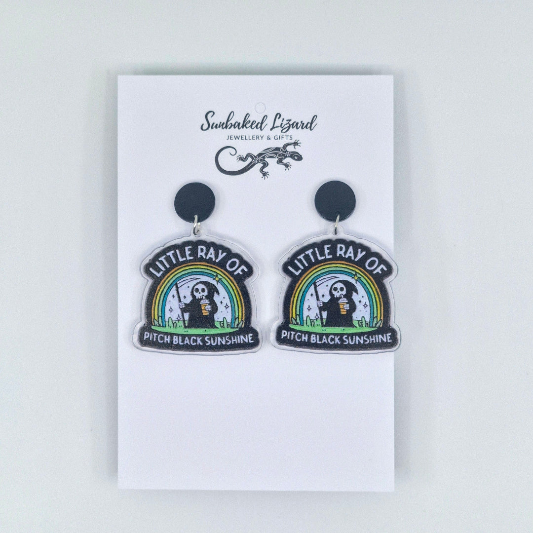 Little Ray of Pitch Black Sunshine – Grim Reaper Drop Earrings Sunbaked Lizard Jewellery & Gifts