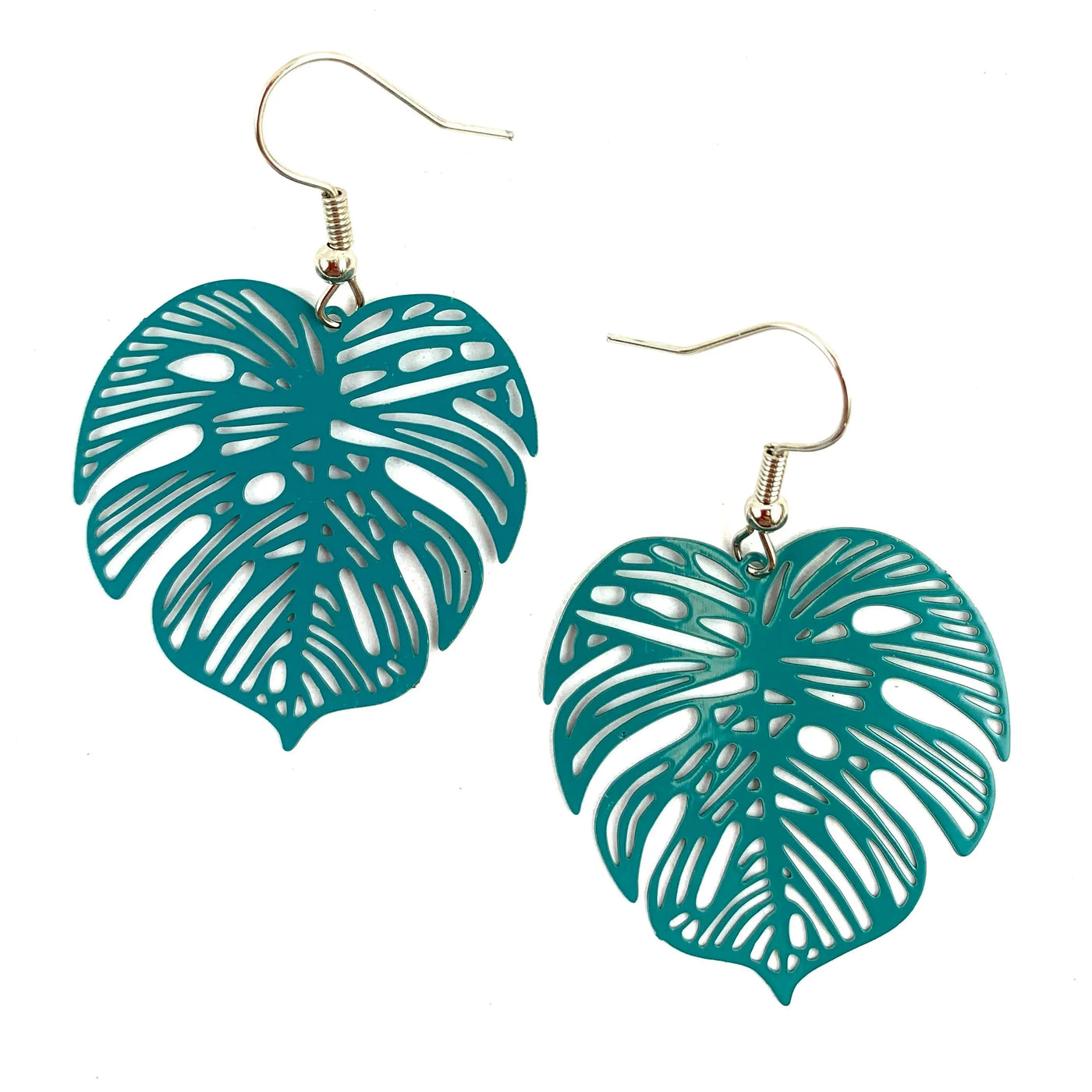 Monstera Leaf Drop Earrings- In Teal & Mustard
