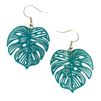 Monstera Leaf Drop Earrings- In Teal & Mustard