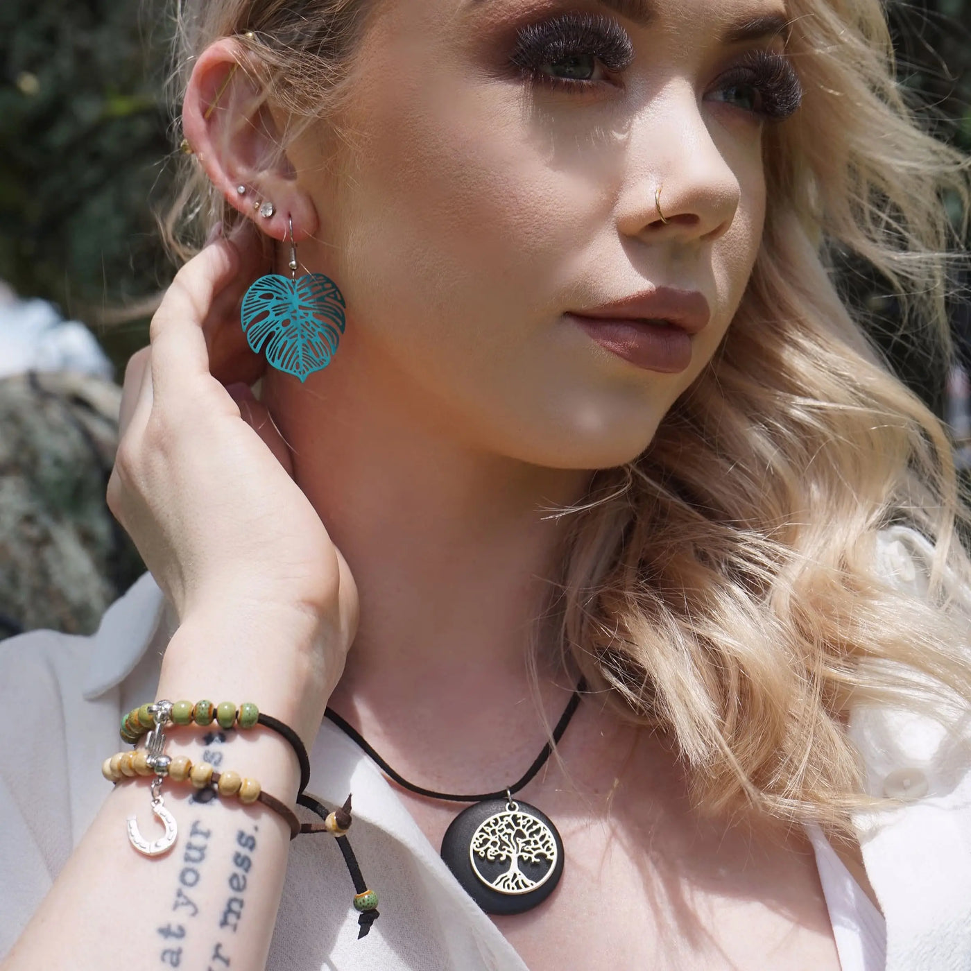 Monstera Leaf Drop Earrings- In Teal & Mustard