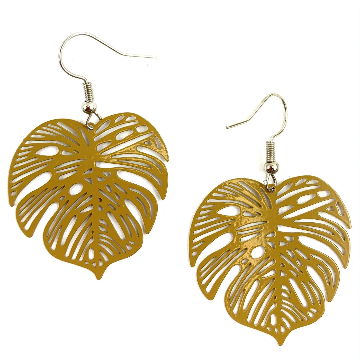 Monstera Leaf Drop Earrings- In Teal & Mustard