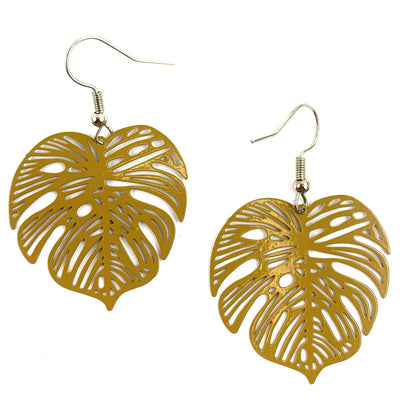 Monstera Leaf Drop Earrings- In Teal & Mustard