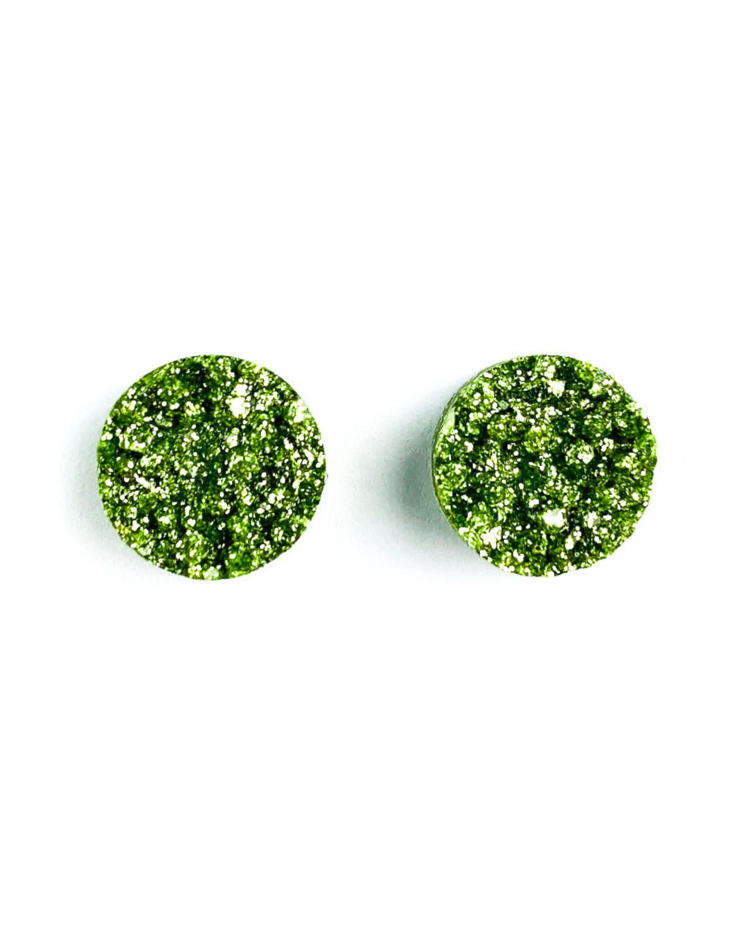 Lime green glitter Ore Style stud earrings on Sunbaked Lizard Jewellery & Gifts backing card