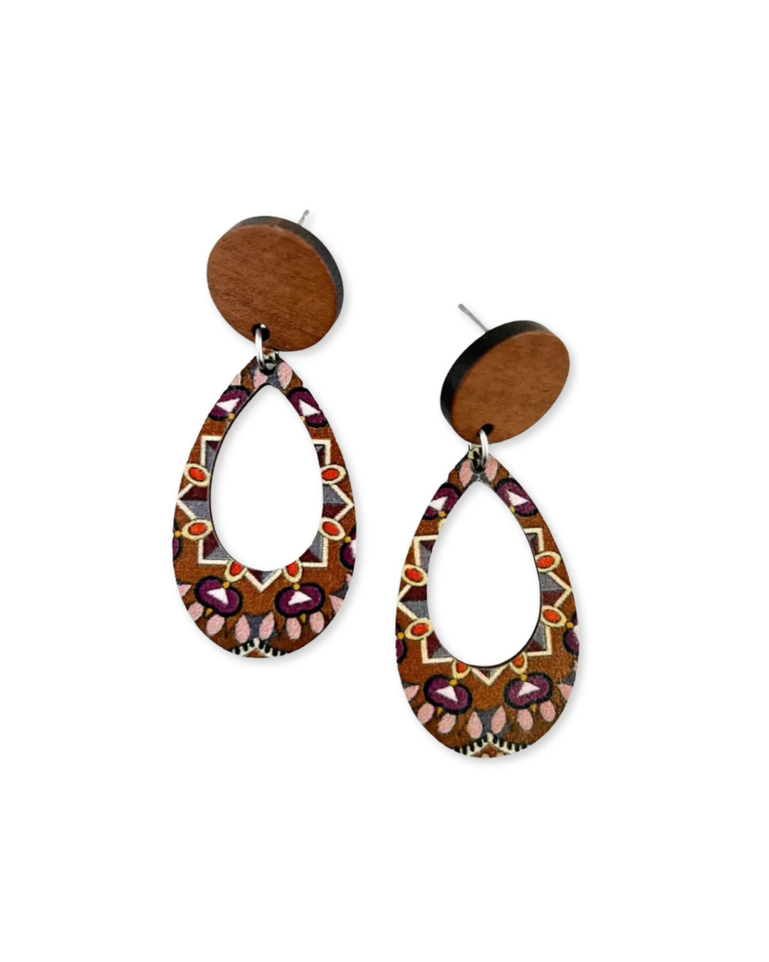 Brown timber stud earrings with colourful kaleidoscope oval drop design