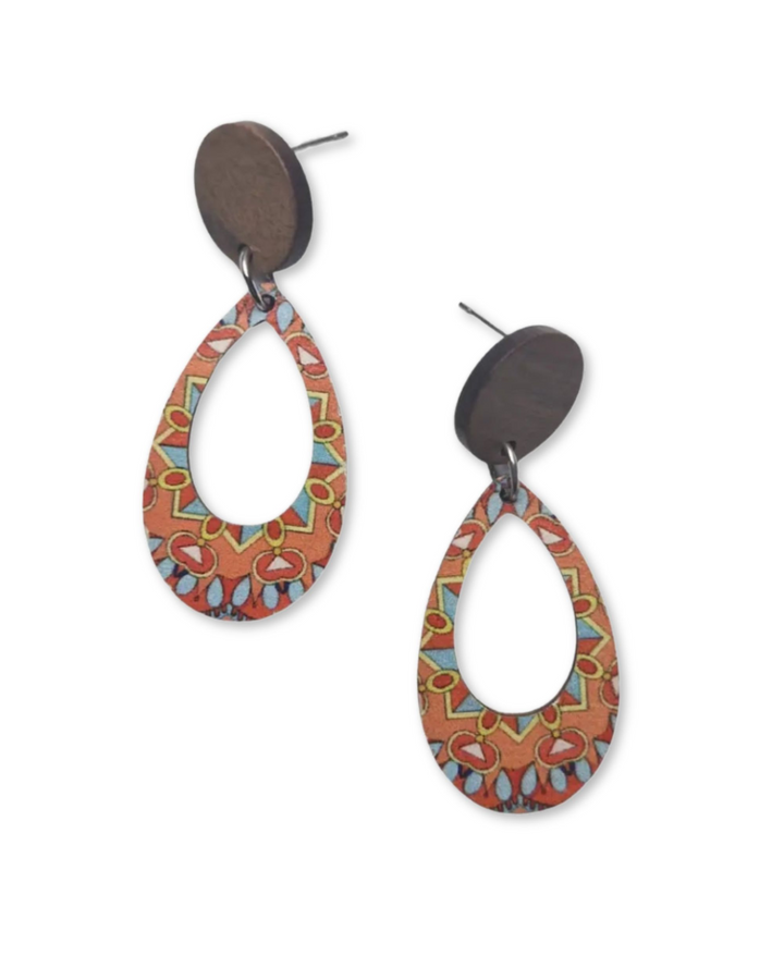 Timber stud earrings with warm orange kaleidoscope patterned oval drops