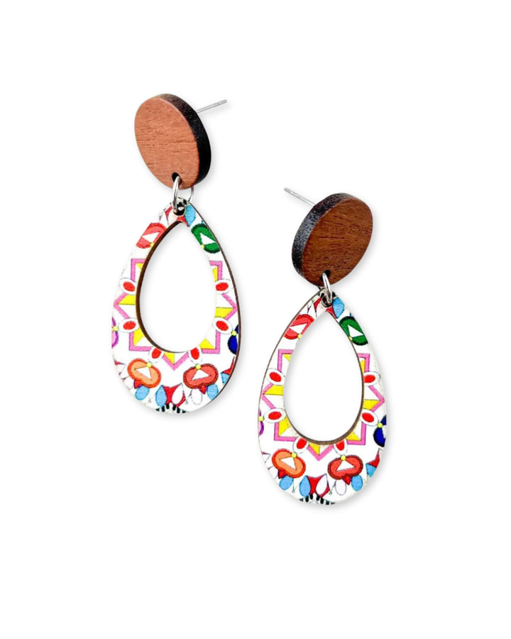White base pastel kaleidoscope timber earrings with colourful geometric oval